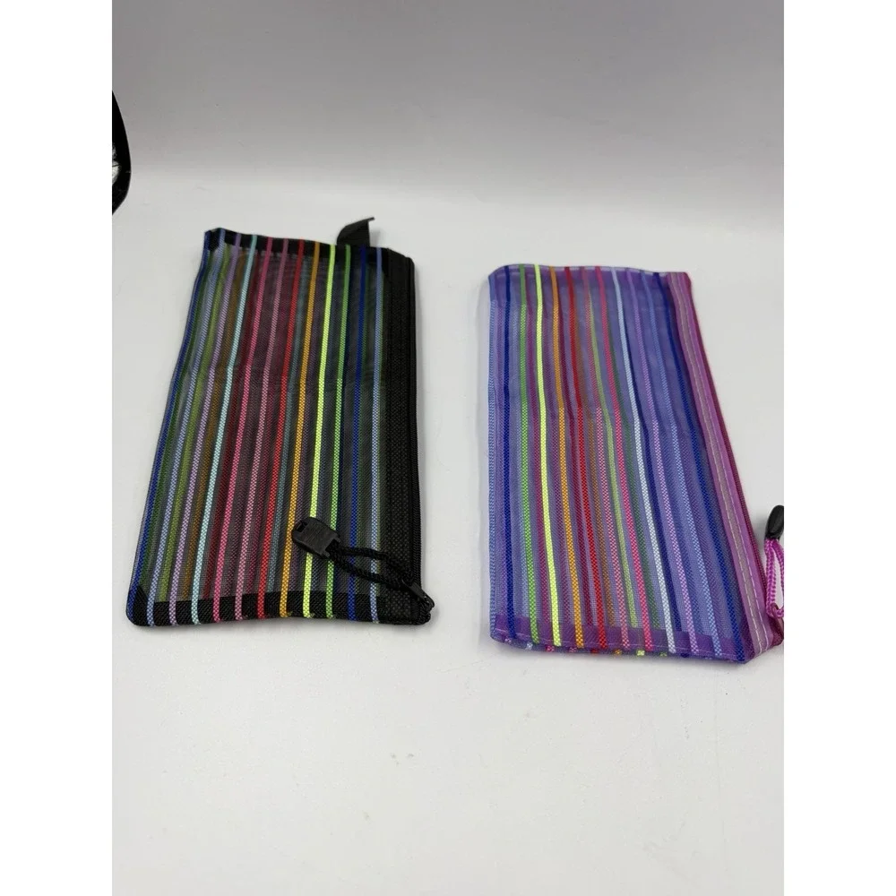 Lot Of 2 Mesh Multi-Color  Striped Pencil Case, Makeup Bags NEW No Tags 9